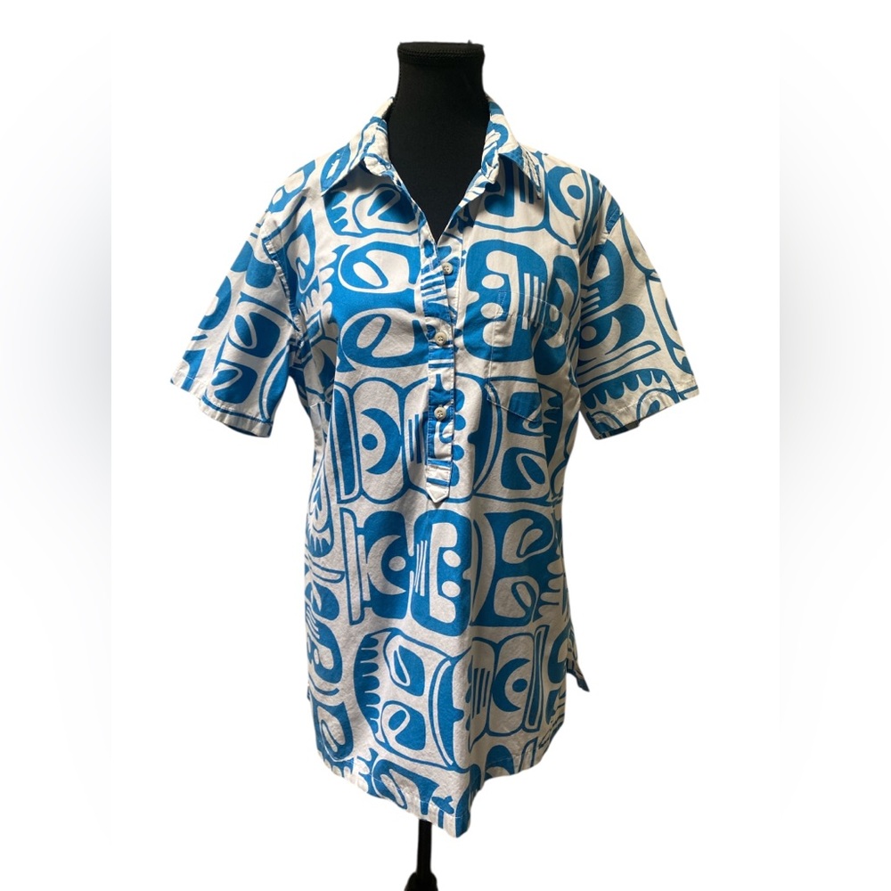 Go Barefoot Blue Patterned Women's Button Down Shirt GUC L